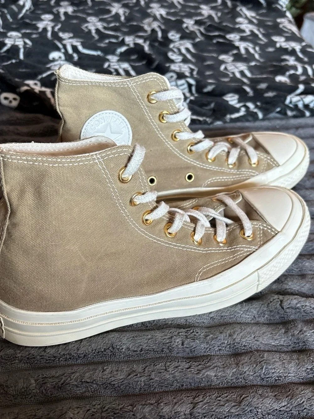 Converse High-Top Canvas Sneakers in Taupe and White